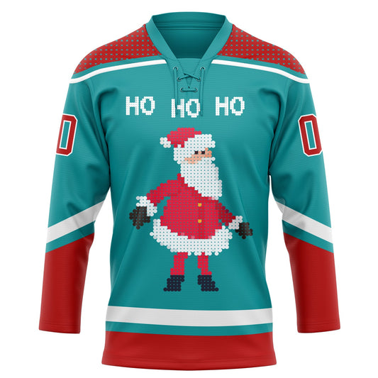 Custom Teal Red-White Christmas Santa Claus 3D Hockey Lace Neck Jersey - Sky-Custom