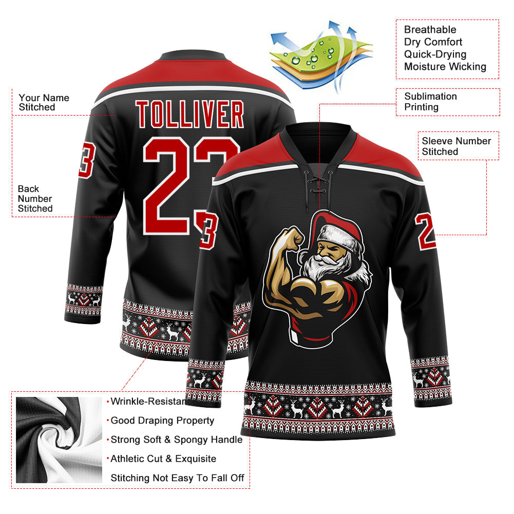 Custom Black Red-White Christmas Santa Claus 3D Hockey Lace Neck Jersey - Sky-Custom