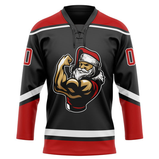 Custom Black Red-White Christmas Santa Claus 3D Hockey Lace Neck Jersey - Sky-Custom