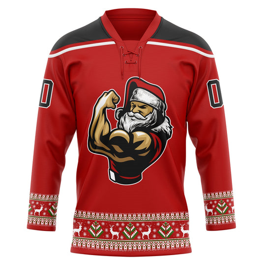 Custom Red Black-White Christmas Santa Claus 3D Hockey Lace Neck Jersey - Sky-Custom