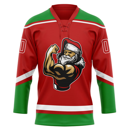 Custom Red Grass Green-White Christmas Santa Claus 3D Hockey Lace Neck Jersey - Sky-Custom