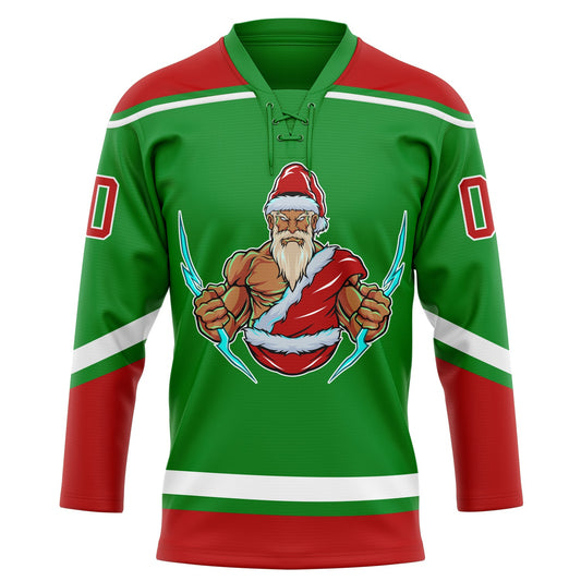 Custom Grass Green Red-White Christmas Santa Claus 3D Hockey Lace Neck Jersey - Sky-Custom