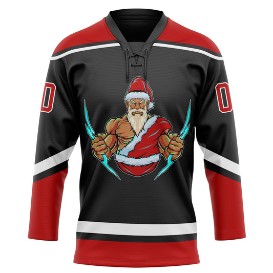 Custom Black Red-White Christmas Santa Claus 3D Hockey Lace Neck Jersey - Sky-Custom