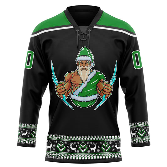 Custom Black Grass Green-White Christmas Santa Claus 3D Hockey Lace Neck Jersey - Sky-Custom