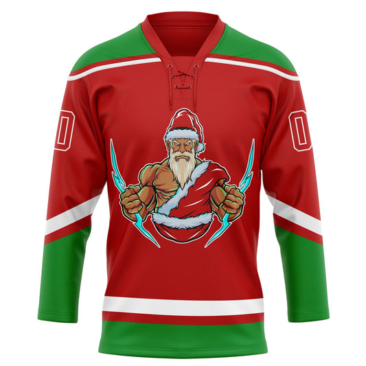Custom Red Grass Green-White Christmas Santa Claus 3D Hockey Lace Neck Jersey - Sky-Custom