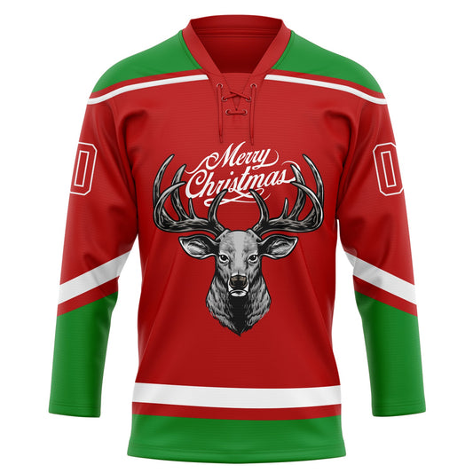 Custom Red Grass Green-White Christmas Reindeer 3D Hockey Lace Neck Jersey - Sky-Custom
