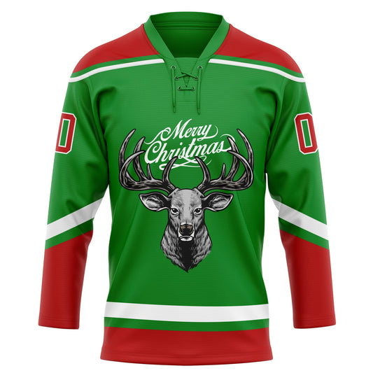 Custom Grass Green Red-White Christmas Reindeer 3D Hockey Lace Neck Jersey - Sky-Custom
