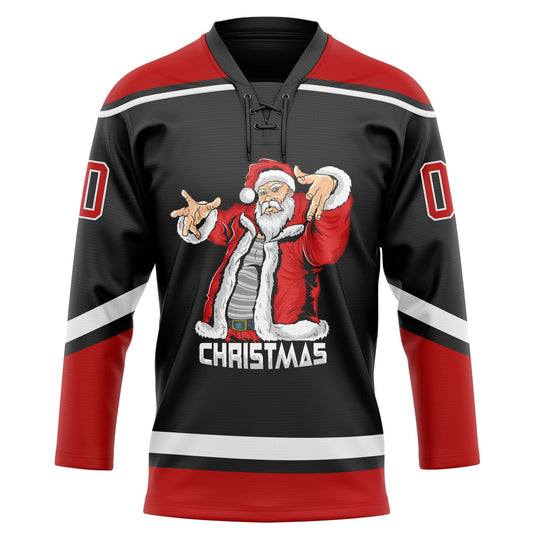 Custom Black Red-White Christmas Santa Claus 3D Hockey Lace Neck Jersey - Sky-Custom