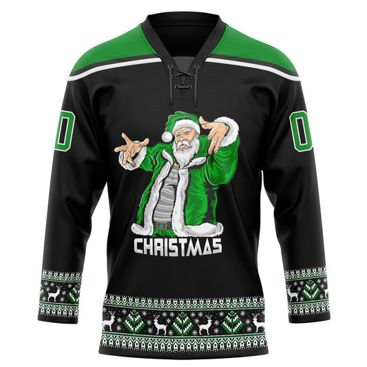 Custom Black Grass Green-White Christmas Santa Claus 3D Hockey Lace Neck Jersey - Sky-Custom