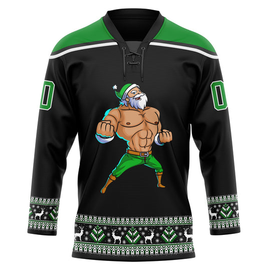 Custom Black Grass Green-White Christmas Santa Claus 3D Hockey Lace Neck Jersey - Sky-Custom