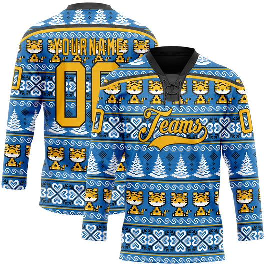 Custom Light Blue Gold-Black Christmas Tree And Tiger 3D Hockey Lace Neck Jersey - Sky-Custom