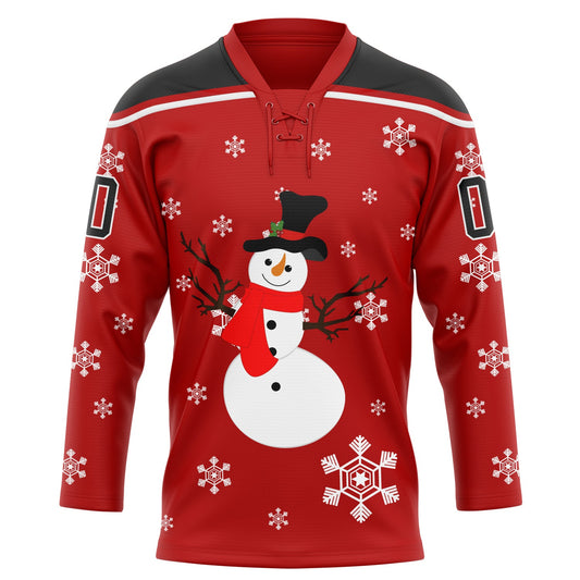 Custom Red Black-White Christmas Snowman 3D Hockey Lace Neck Jersey - Sky-Custom