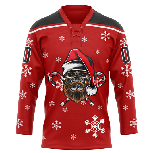 Custom Red Black-White Christmas Dog Wearing Santa Claus Costume 3D Hockey Lace Neck Jersey - Sky-Custom
