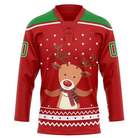 Custom Red Grass Green-White Christmas Reindeer 3D Hockey Lace Neck Jersey - Sky-Custom
