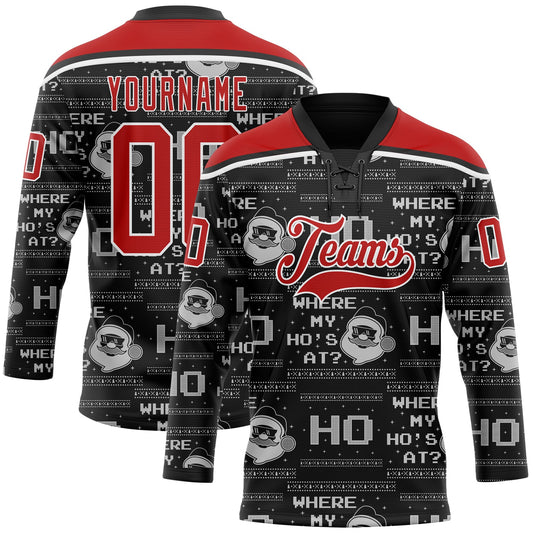 Custom Black Red-White Christmas Santa Claus 3D Hockey Lace Neck Jersey - Sky-Custom