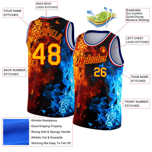 Custom Red Gold-Royal 3D Pattern Design Flame Authentic Basketball Jersey - Sky-Custom
