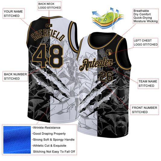 Custom Graffiti Pattern Black-Old Gold 3D Scratch Authentic Basketball Jersey - Sky-Custom