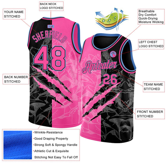 Custom Graffiti Pattern Pink Black-Light Blue 3D Scratch Authentic Basketball Jersey - Sky-Custom