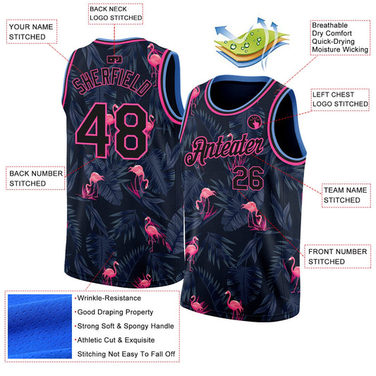 Custom Black Pink-Light Blue 3D Pattern Design Flamingo Authentic Basketball Jersey - Sky-Custom