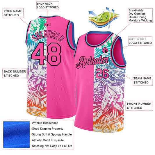 Custom Pink Black 3D PatternTropical Hawaii Palm Leaves Authentic Basketball Jersey - Sky-Custom