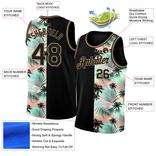 Custom Black Old Gold 3D Pattern Tropical Hawaii Palm Trees Authentic Basketball Jersey - Sky-Custom