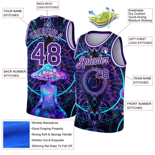 Custom Purple White 3D Pattern Design Magic Mushrooms Over Sacred Geometry Psychedelic Hallucination Authentic Basketball Jersey - Sky-Custom