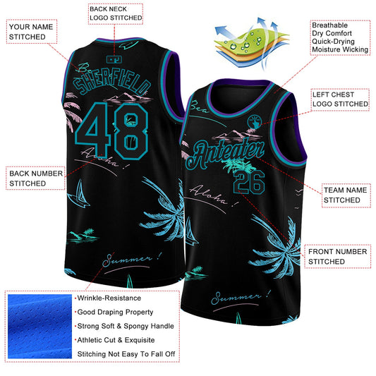 Custom Black Teal 3D Pattern Tropical Hawaii Palm Trees Authentic Basketball Jersey - Sky-Custom