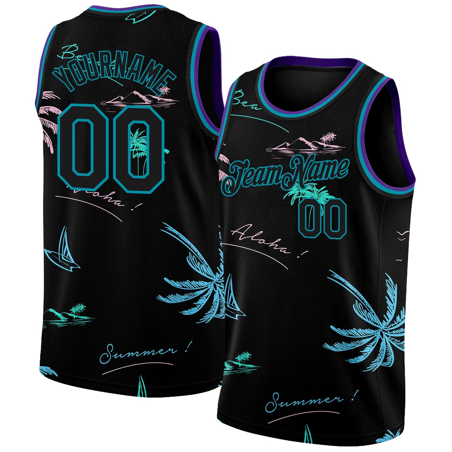 Custom Black Teal 3D Pattern Tropical Hawaii Palm Trees Authentic Basketball Jersey - Sky-Custom
