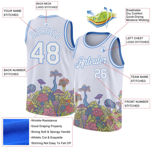 Custom White Light Blue 3D Pattern Design Colorful Flowers And Mushrooms Psychedelic Hallucination Authentic Basketball Jersey - Sky-Custom