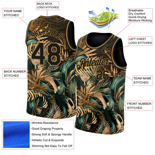 Custom Black Old Gold 3D Pattern Tropical Hawaii Palm Leaves Authentic Basketball Jersey - Sky-Custom