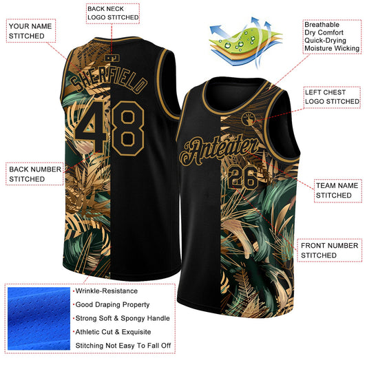 Custom Black Old Gold 3D Pattern Tropical Hawaii Palm Leaves Authentic Basketball Jersey - Sky-Custom