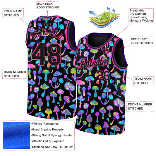 Custom Black Pink 3D Pattern Design Magic Mushrooms Psychedelic Hallucination Authentic Basketball Jersey - Sky-Custom