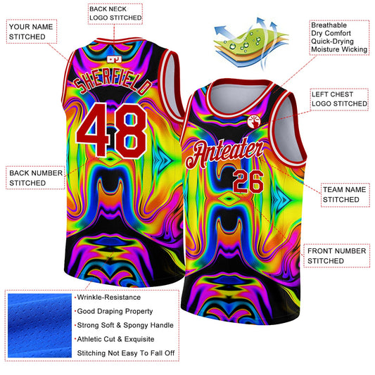 Custom Black Red-White 3D Pattern Design Abstract Iridescent Psychedelic Swirl Fluid Art Authentic Basketball Jersey - Sky-Custom