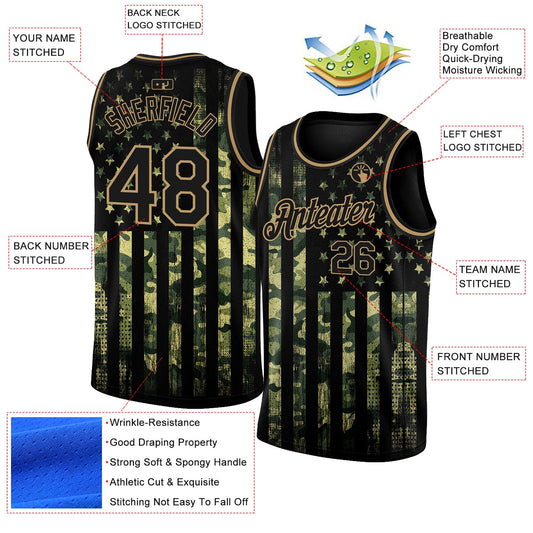 Custom Camo Black-Old Gold 3D American Flag Fashion Authentic Salute To Service Basketball Jersey - Sky-Custom