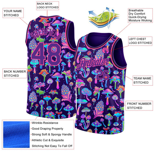 Custom Purple Pink 3D Pattern Design Flowers And Mushrooms Psychedelic Hallucination Authentic Basketball Jersey - Sky-Custom