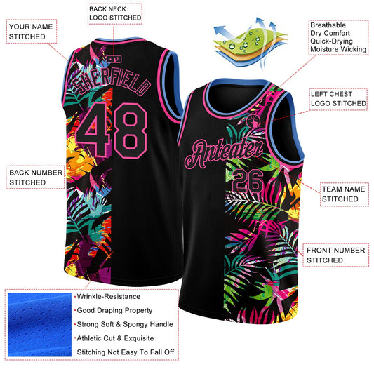 Custom Black Pink-Light Blue 3D Pattern Tropical Hawaii Palm Leaves Authentic Basketball Jersey - Sky-Custom