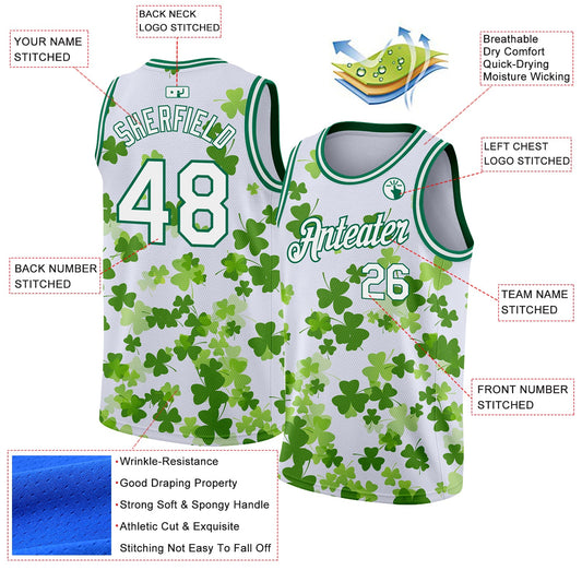 Custom White Kelly Green 3D Pattern Design St. Patrick's Day Authentic Basketball Jersey - Sky-Custom