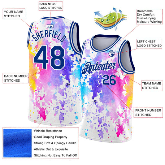 Custom White Royal 3D Pattern Design Watercolor Splash Authentic Basketball Jersey - Sky-Custom