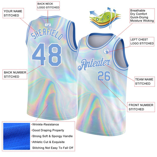 Custom White Light Blue 3D Pattern Design Abstract Trendy Holographic Vaporwave Style Authentic Basketball Jersey - Sky-Custom