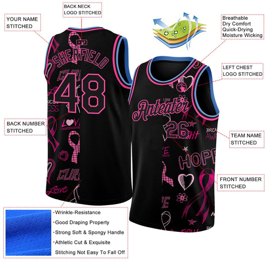 Custom Black Pink-Light Blue 3D Pattern Design Pink Ribbon Breast Cancer Awareness Month Women Health Care Support Authentic Basketball Jersey - Sky-Custom