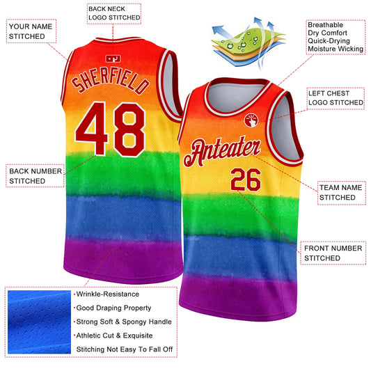 Custom Red White 3D Pattern Design Rainbow For Pride Month Love Is Love LGBT Authentic Basketball Jersey - Sky-Custom