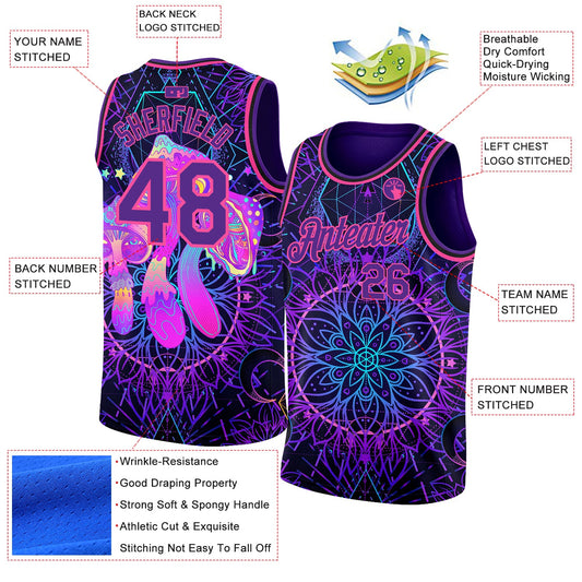 Custom Purple Pink 3D Pattern Design Magic Mushrooms Over Sacred Geometry Psychedelic Hallucination Authentic Basketball Jersey - Sky-Custom