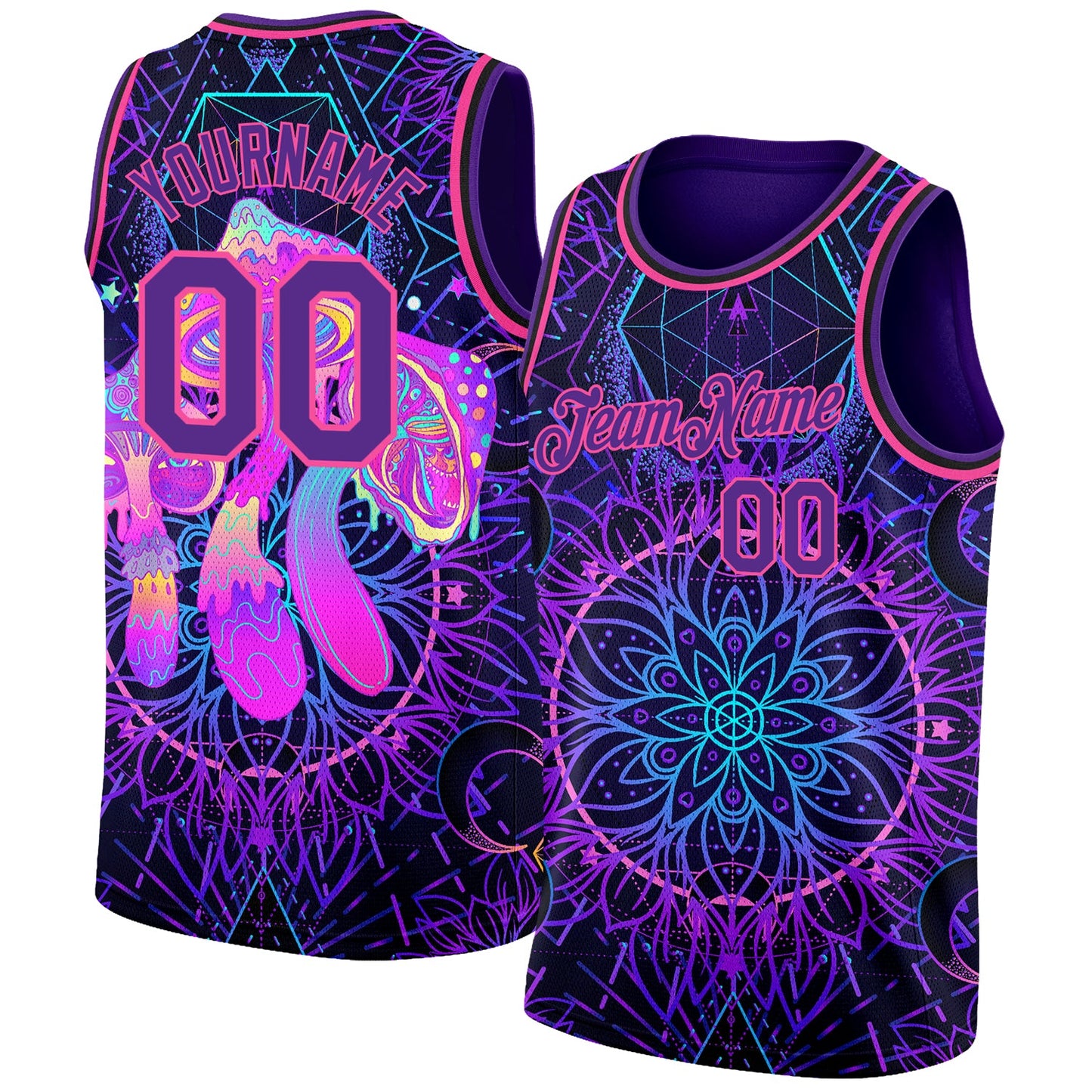 Custom Purple Pink 3D Pattern Design Magic Mushrooms Over Sacred Geometry Psychedelic Hallucination Authentic Basketball Jersey - Sky-Custom