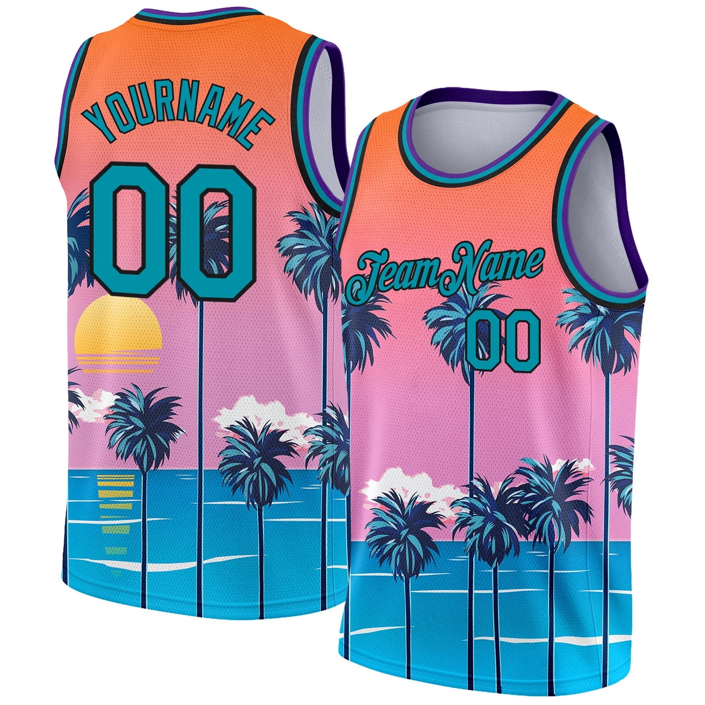 Custom Orange Teal-Black 3D Pattern Sun Beach Hawaii Palm Trees Authentic Basketball Jersey - Sky-Custom