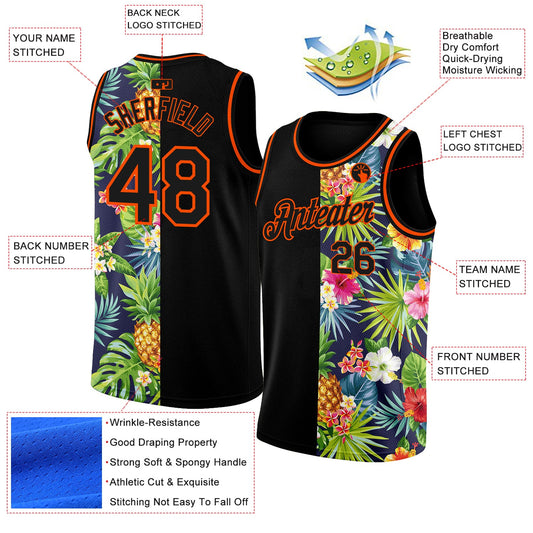 Custom Black Orange 3D Pattern Tropical Pineapples Hawaii Palm Leaves And Flowers Authentic Basketball Jersey - Sky-Custom