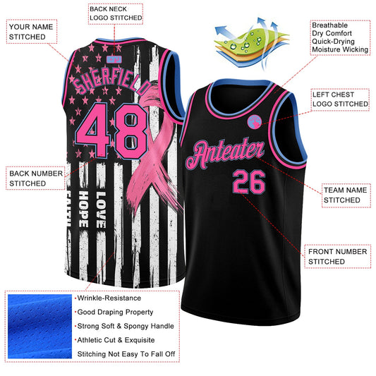 Custom Black Pink-Light Blue 3D American Flag Fashion With Pink Ribbon Breast Cancer Awareness Month Women Health Care Support Authentic Basketball Jersey - Sky-Custom