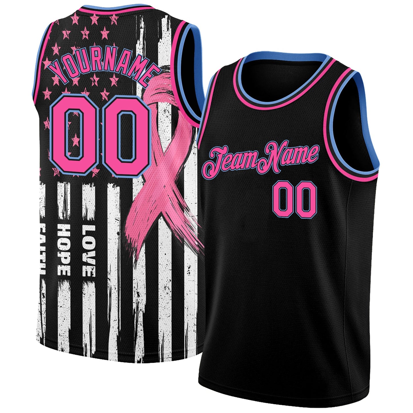 Custom Black Pink-Light Blue 3D American Flag Fashion With Pink Ribbon Breast Cancer Awareness Month Women Health Care Support Authentic Basketball Jersey - Sky-Custom