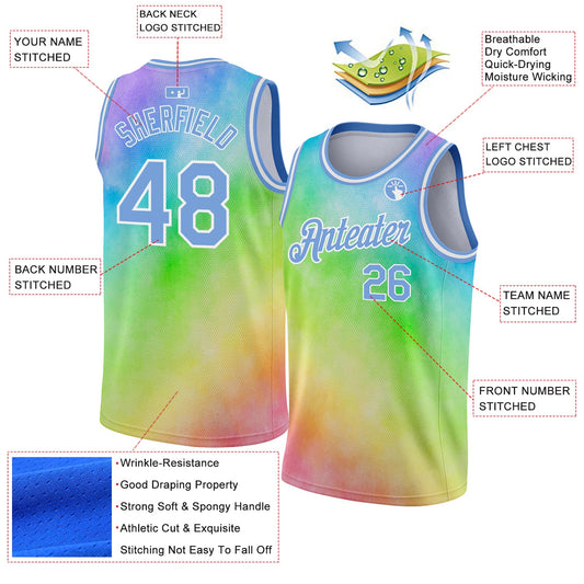 Custom Tie Dye Light Blue-White 3D Rainbow Authentic Basketball Jersey - Sky-Custom