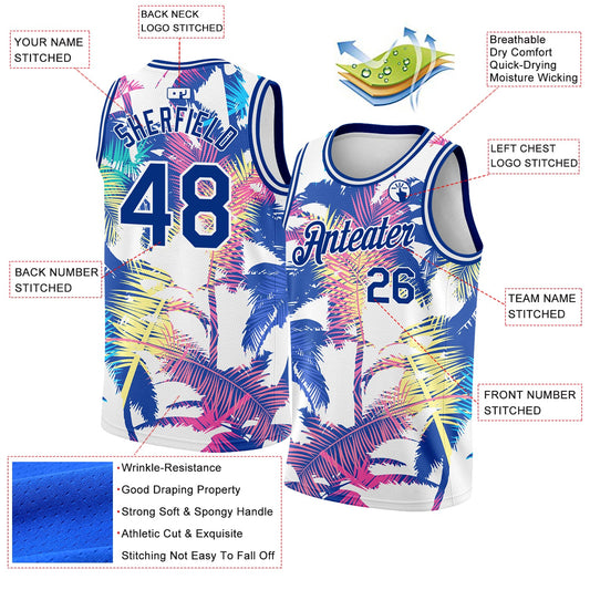 Custom White Royal 3D Pattern Tropical Hawaii Palm Trees Authentic Basketball Jersey - Sky-Custom