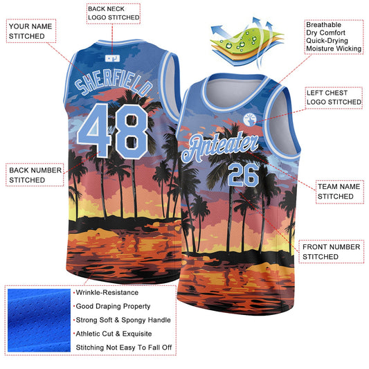 Custom Light Blue White 3D Pattern Tropical Hawaii Palm Trees Authentic Basketball Jersey - Sky-Custom